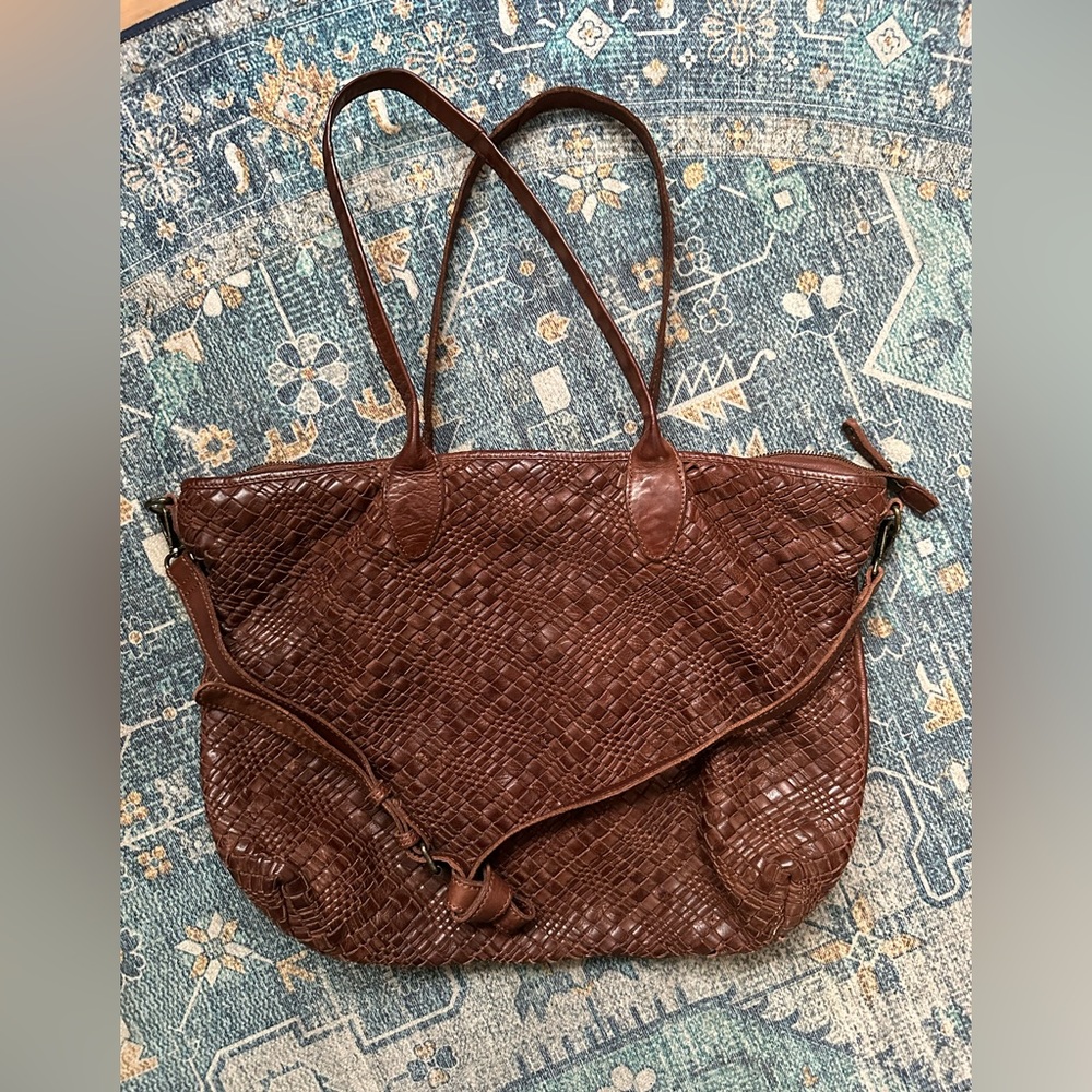Woven Leather Tote with Crossbody- Made in India ✨